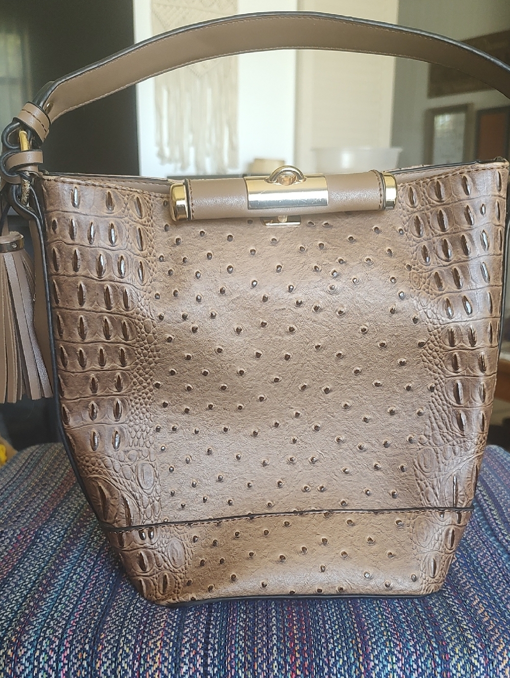 Women's Taupe Faux-Ostrich Leather Bucket Bag with Gold Hardware